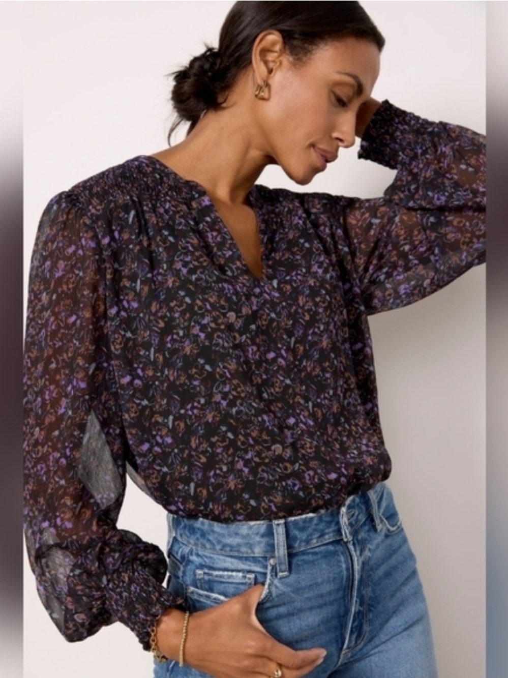 Evereve Small Petra Floral Split Neck Pullover Long Sleeve Smock Cuff Blouse GUC